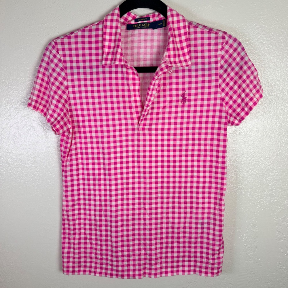 Polo Golf Ralph Lauren Womens S Pink Gingham Pima Cotton Tailored Polo Shirt
